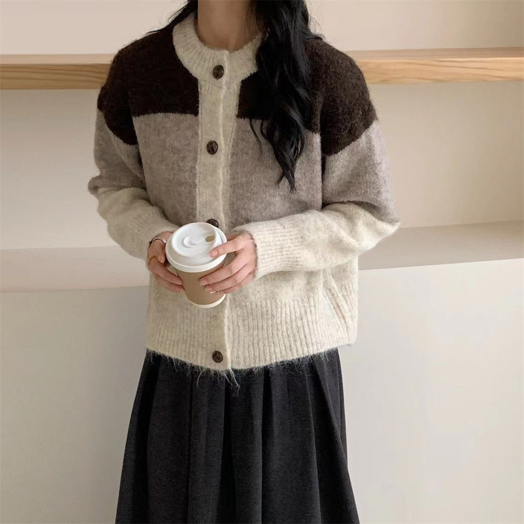 Damen Grobstrickjacke mit knöpfbarem Verschluss und trendigem Farbblockdesign Drune