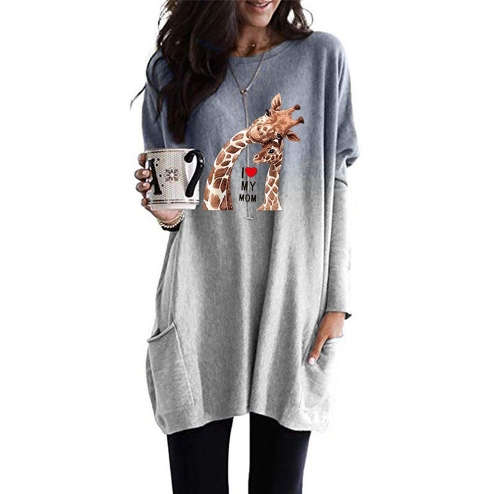 Frauen Übergroße Sweatkleid mit Giraffenmuster, Rundhalsausschnitt und Seitentaschen Drune