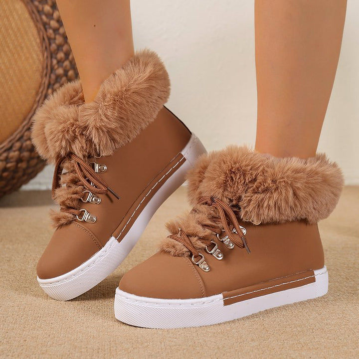 Damen Winterliche Sneaker-Stiefelette mit Kunstfellkragen und Plateau Drune
