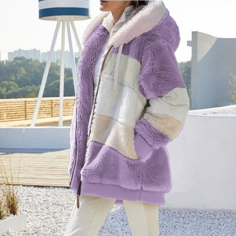 Damen nan Oversize Teddyfell-Kapuzenjacke mit Farbblock-Streifen, hochwertigem Reißverschluss und gerippten Bündchen Drune