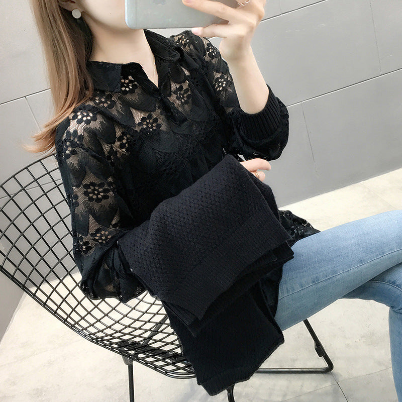 Damen Verspielter Strickpullover mit Spitzenapplikation Drune