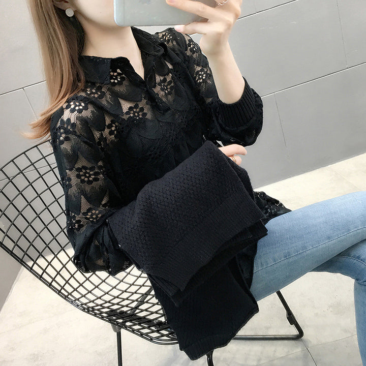 Damen Verspielter Strickpullover mit Spitzenapplikation Drune