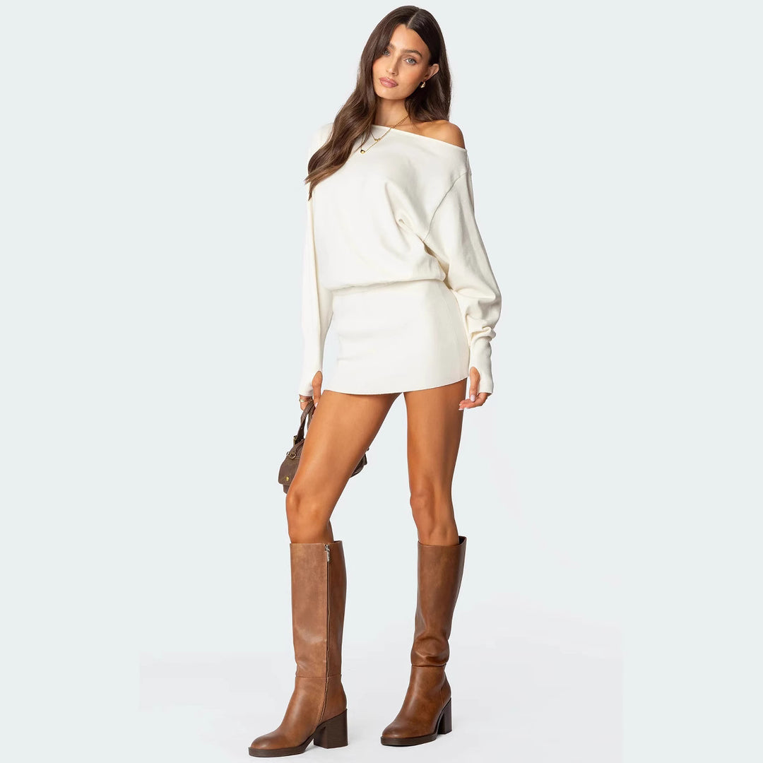 Damen lässiges Strickkleid mit asymmetrischem Ausschnitt und tailliertem Bund Drune