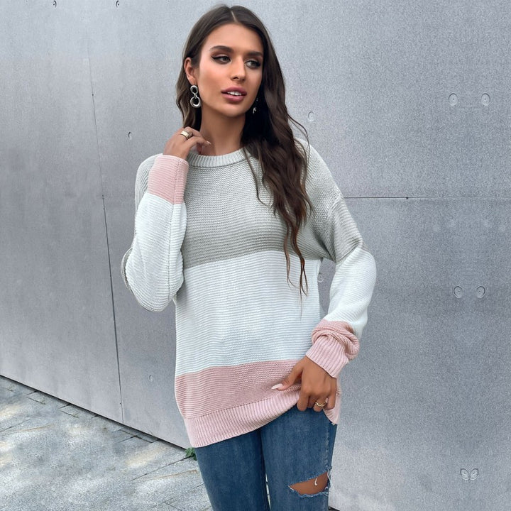 Damen Oversized Waffelstrick-Pullover mit Blockstreifen‑Optik, Raglanärmeln und geripptem Bund Drune