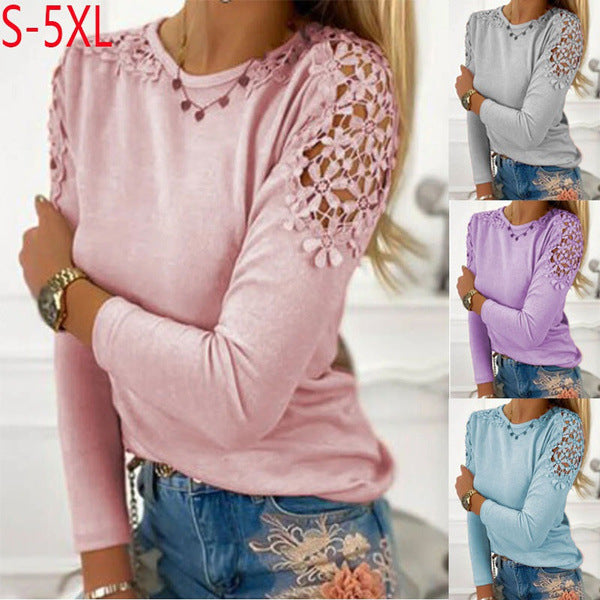 Damen nan langärmeliges Feinstrickshirt mit Häkelspitzen-Schultereinsätzen und Rundhalsausschnitt Drune