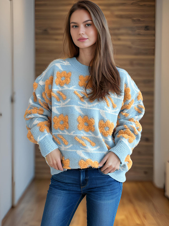 Damen kuscheliger Strickpullover mit floralen 3D-Applikationen Drune