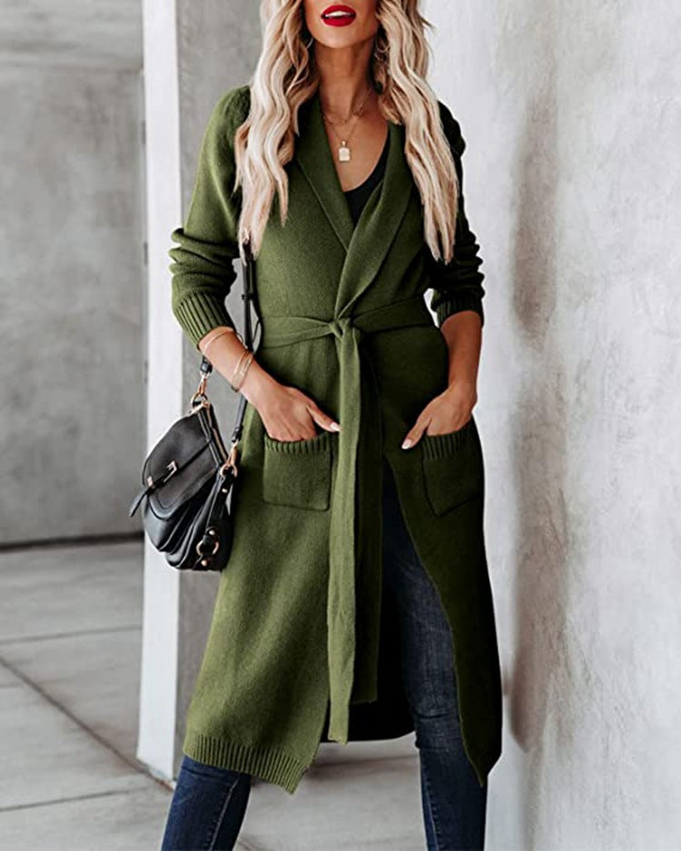 Damen Strickmantel mit Bindegürtel und großen Taschen Drune