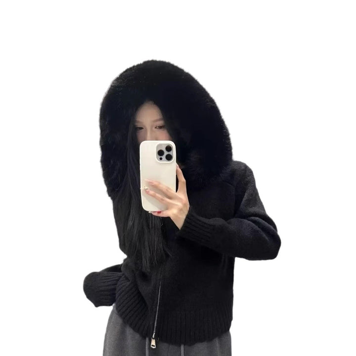 Damen kuschelige Strickjacke mit luxuriösem Pelzkragen und Reißverschluss Drune