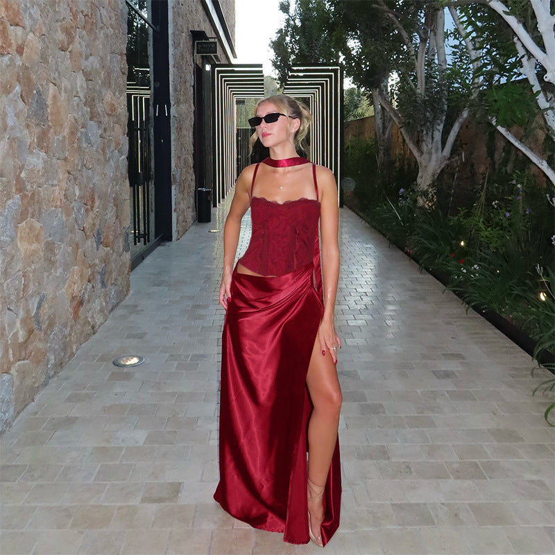 Damen elegantes Maxikleid mit Spitzenoberteil und fließendem Rock Drune