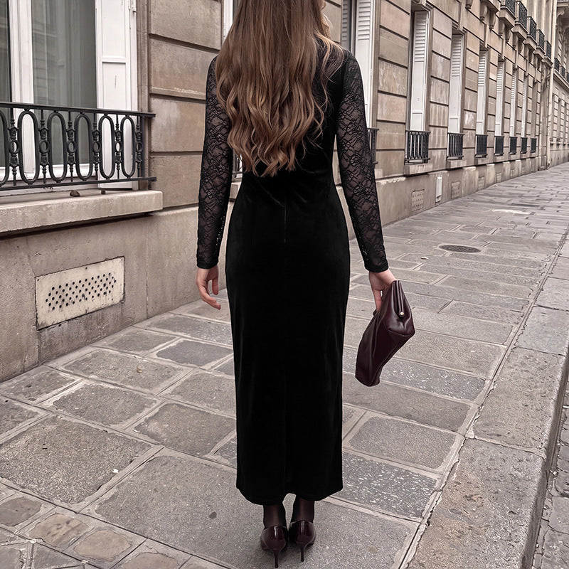 Damen Elegantes Langarm Maxikleid aus Samt und Spitze Drune