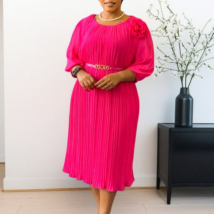 Damen Plissee Midi-Kleid mit eleganter Blumenapplikation und abnehmbarem Gürtel Drune