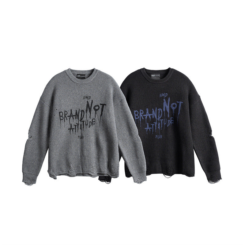 Unisex Oversize Strickpullover mit Destroyed Details und Statement Print Drune