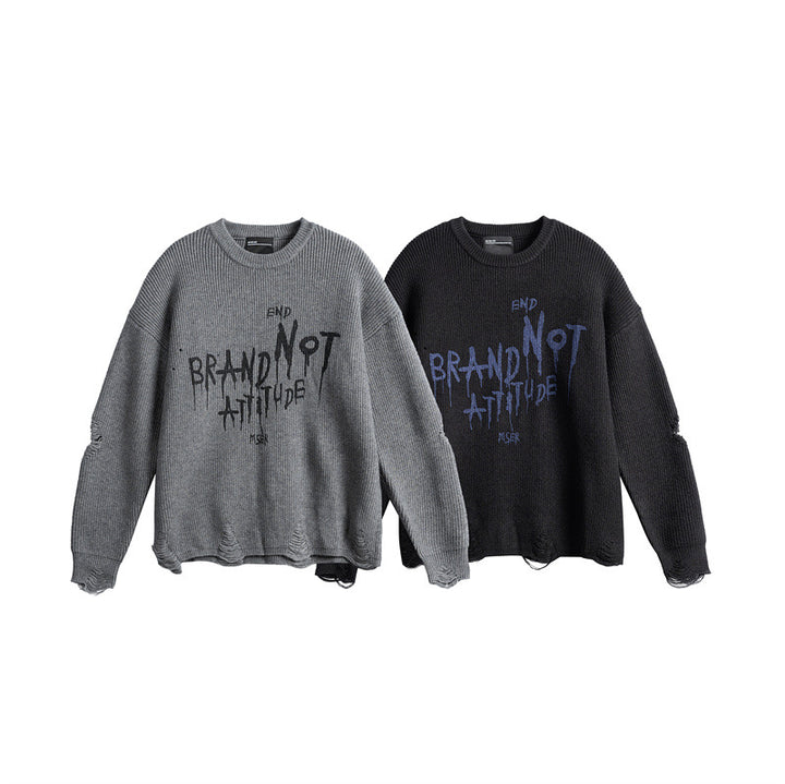 Unisex Oversize Strickpullover mit Destroyed Details und Statement Print Drune