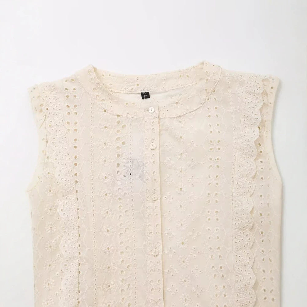 Damen Broderie‑Anglaise Bluse mit Rundausschnitt, Ballonärmeln und Spitzenbesatz Drune