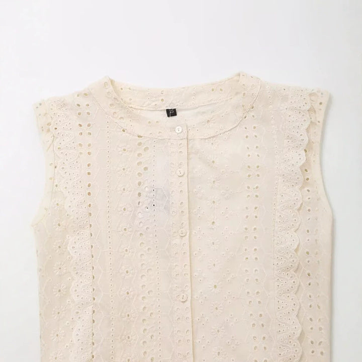 Damen Broderie‑Anglaise Bluse mit Rundausschnitt, Ballonärmeln und Spitzenbesatz Drune