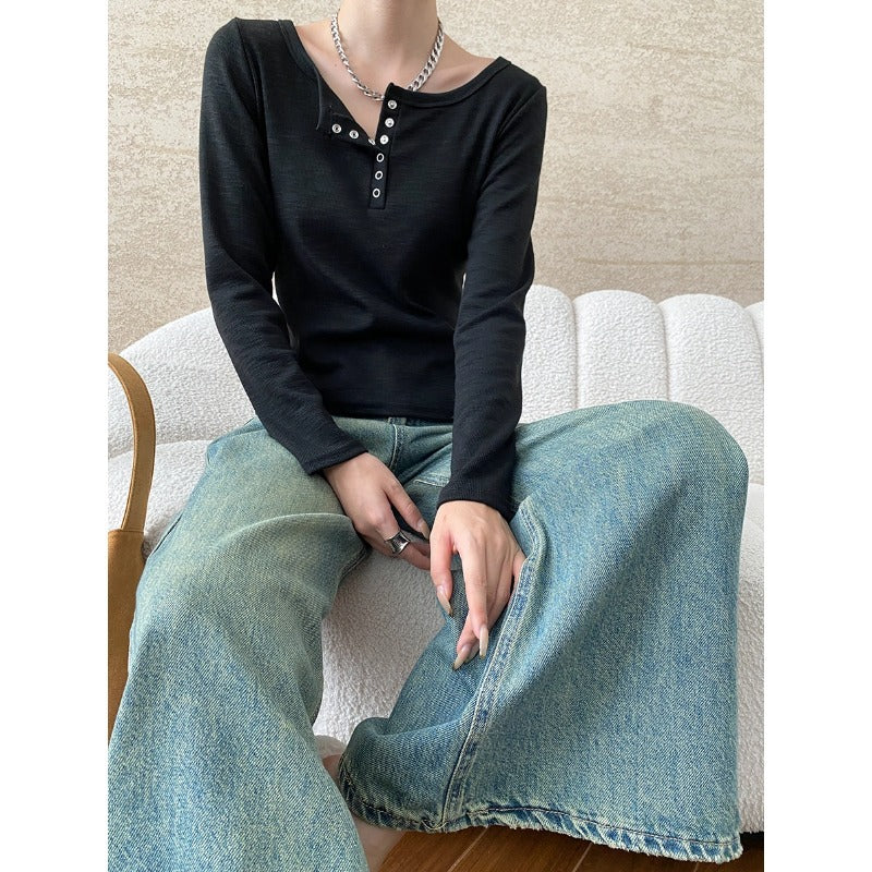 Damen Langarm-Henley-Shirt mit Knopfdetails Drune