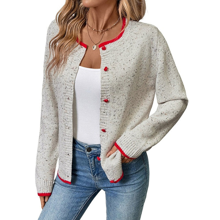 Damen Kurz geschnittener Strickcardigan mit Melange‑Noppenstruktur und Kontrastbündchen Drune