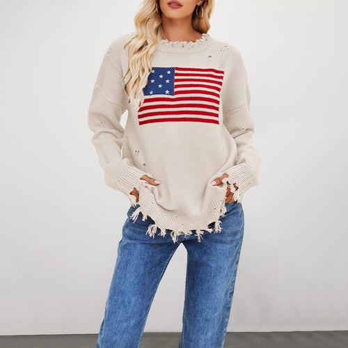 Damen lässiger Pullover mit Flaggenmuster und fransigem Saum Drune