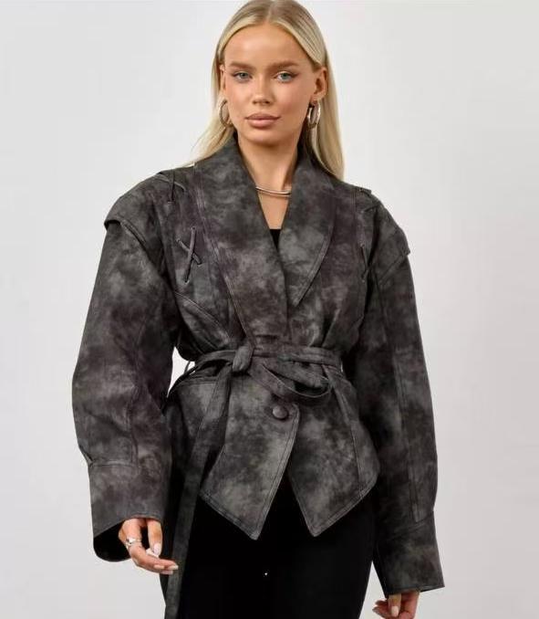 Damen modische Wildlederjacke mit tailliertem Schnitt und Bindegürtel Drune