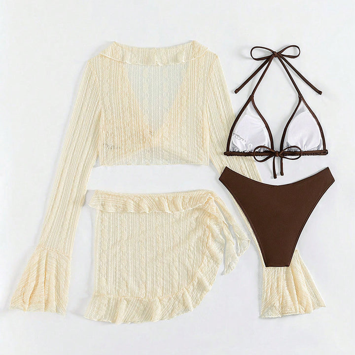 Damen Bikini-Set mit transparentem Oberteil, hohem Taillenslip und luftigem Rock Drune