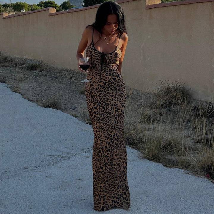 Damen Leopard-Print Sommerkleid mit knappen Trägern und tiefem Ausschnitt Drune