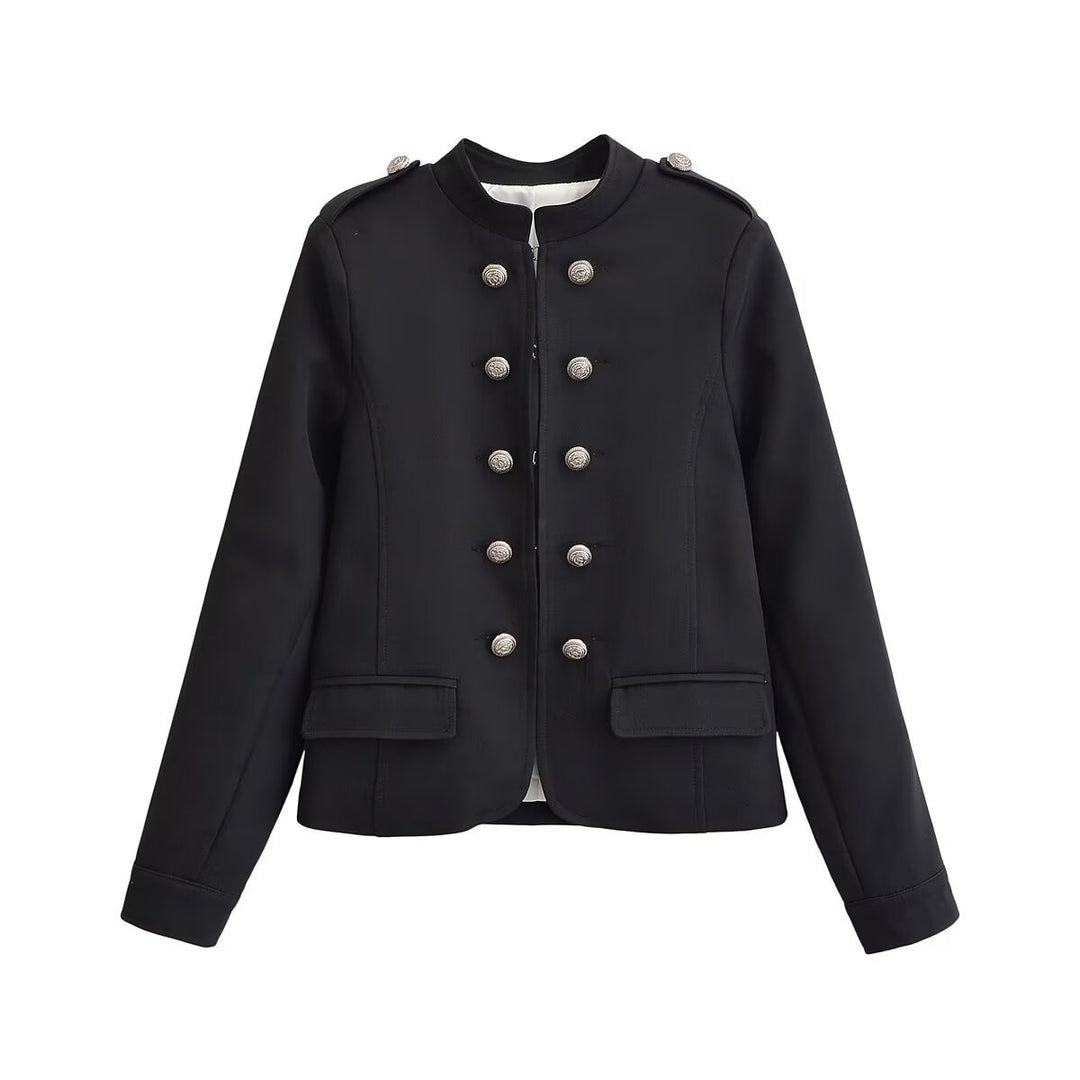 Damen Kurzer Stehkragen-Blazer mit doppelter Zierknopfleiste und Epauletten Drune