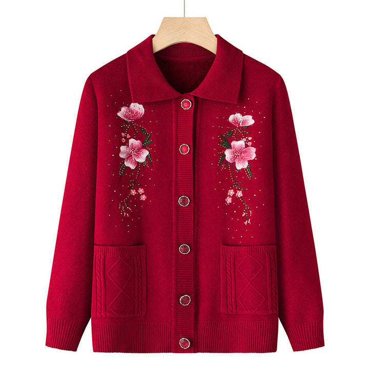 Damen nan bestickte Strickjacke mit Hemdkragen, Eingrifftaschen und floraler Stickerei Drune