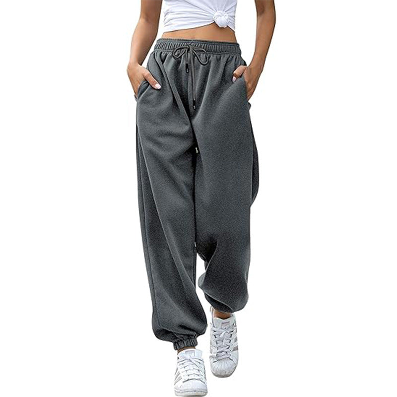 Damen nan Cozy-Sweat-Palazzohose mit hohem Komfortbund, integriertem Kordelzug und gerafften Knöchelabschlüssen Drune