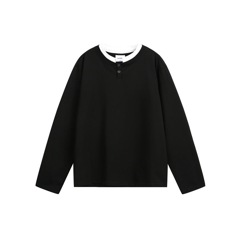 Unisex Lässiges Layering-Henley-Langarmshirt mit Kontrast-Doppelkragen Drune