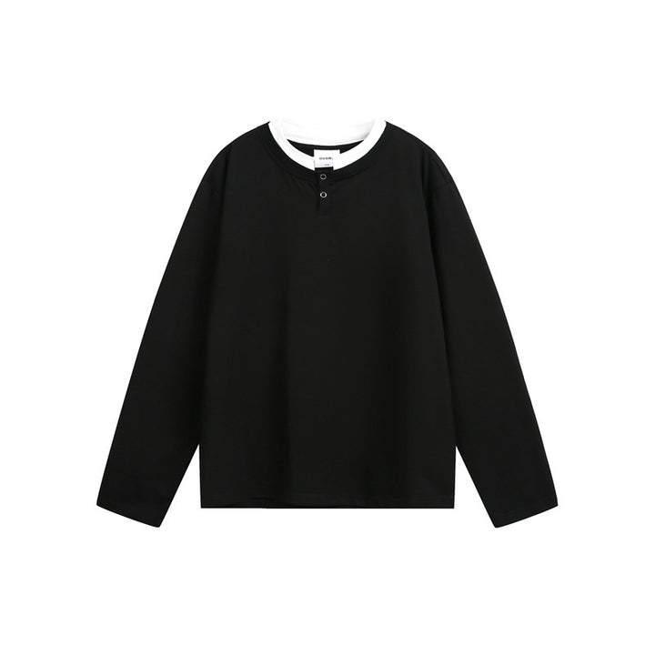 Unisex Lässiges Layering-Henley-Langarmshirt mit Kontrast-Doppelkragen Drune