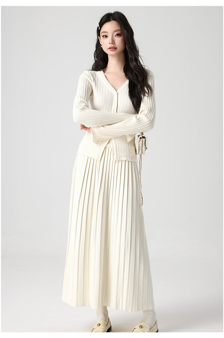 Damen Feines Strick-Set mit V-Ausschnitt Cardigan und plissiertem Maxirock Drune