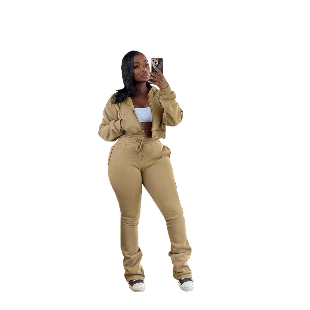 Damen nan kurz geschnittenes Zip-Hoodie und Highwaist-Jogginghose-Set mit Kordelzug und leicht gerafften Knöchelabschlüssen Drune