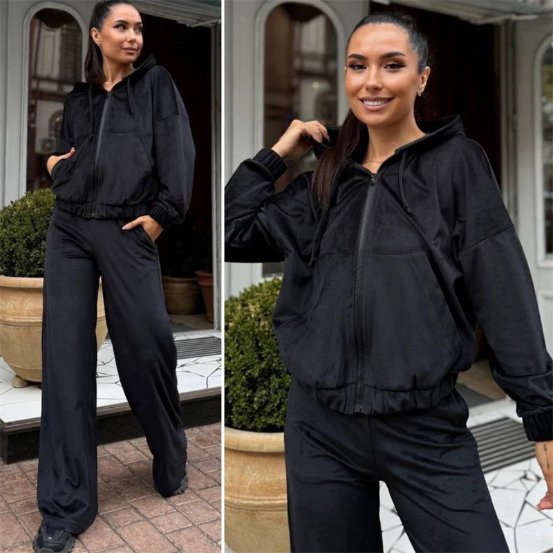 Damen Velours-Zip-Kapuzenjacke mit Marlene-Jogginghose Lounge-Set Drune