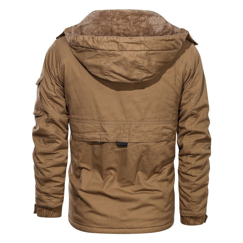 Herren robustes Canvas-Militärblouson mit wärmender Teddyfutter‑Innenlage und Kapuze Drune