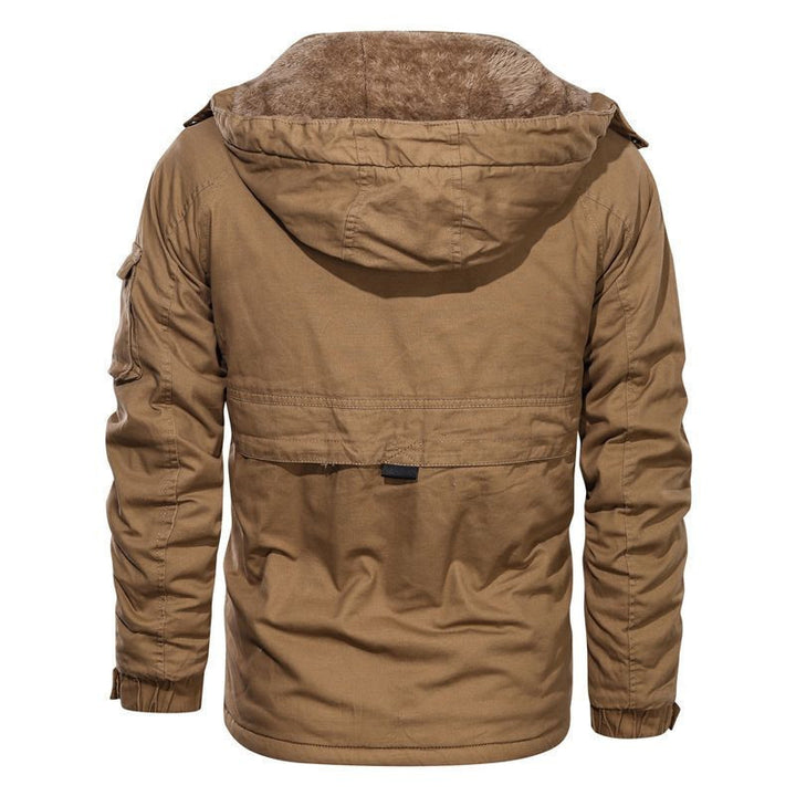 Herren robustes Canvas-Militärblouson mit wärmender Teddyfutter‑Innenlage und Kapuze Drune
