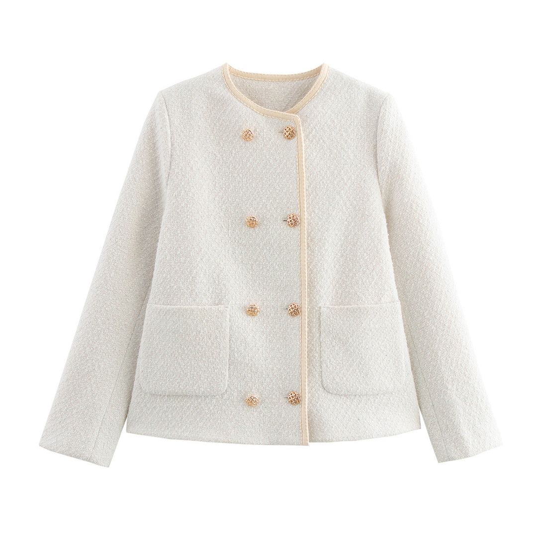 Damen nan elegante Bouclé-Jacke mit Rundhalsausschnitt, doppelter Zierknopfleiste und aufgesetzten Taschen Drune