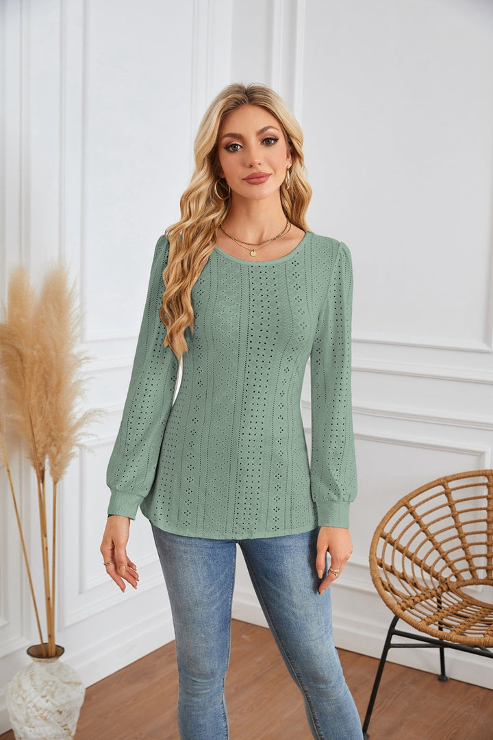 Damen Bluse mit luftigen Lochmustern und eleganten Puffärmeln Drune