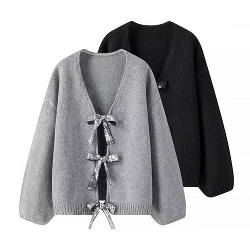 Damen Modischer Strickcardigan mit glamourösen Schleifen Drune