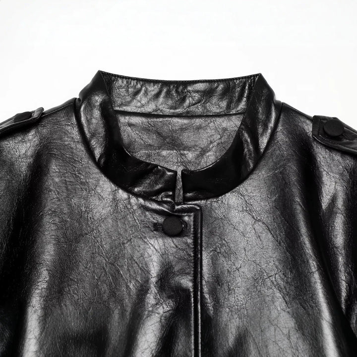 Damen Taillierter Kunstleder-Blouson mit Bindegürtel und Pattentaschen Drune