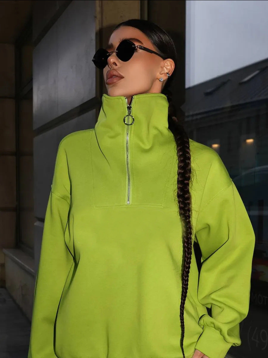 Damen Loungewear-Set mit halbem Reißverschluss und weiter Bügelfalten-Hose Drune
