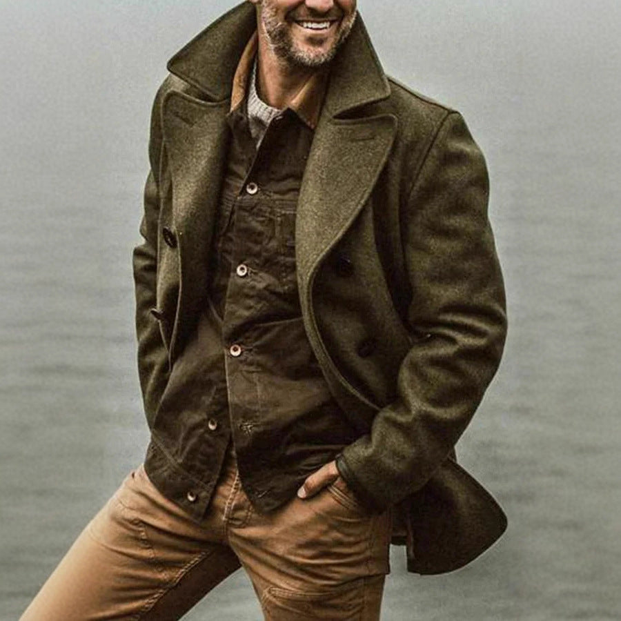 Herren Doppelreihiger Wollmantel im Peacoat-Stil mit breitem Revers Drune