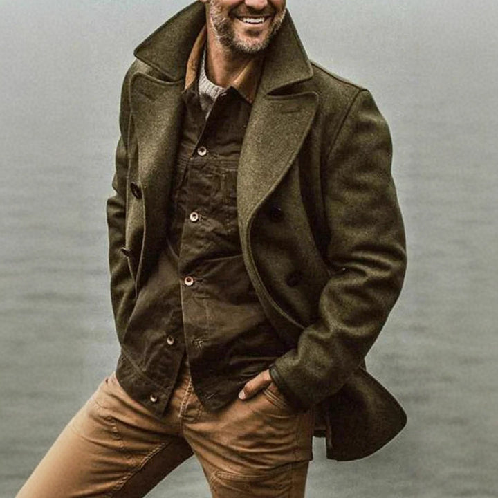 Herren Doppelreihiger Wollmantel im Peacoat-Stil mit breitem Revers Drune