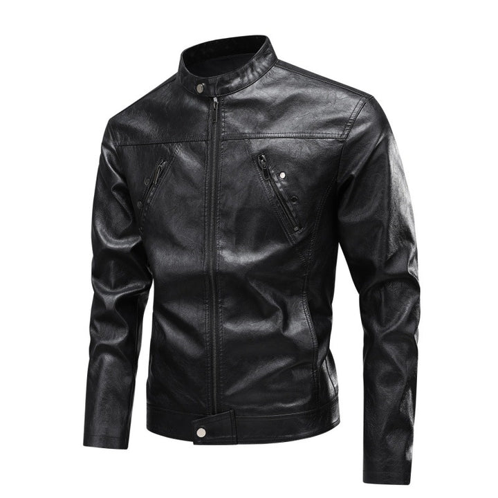 Herren Kunstleder-Bikerjacke mit Stehkragen, diagonalem Brustzipper & schmaler Silhouette Drune