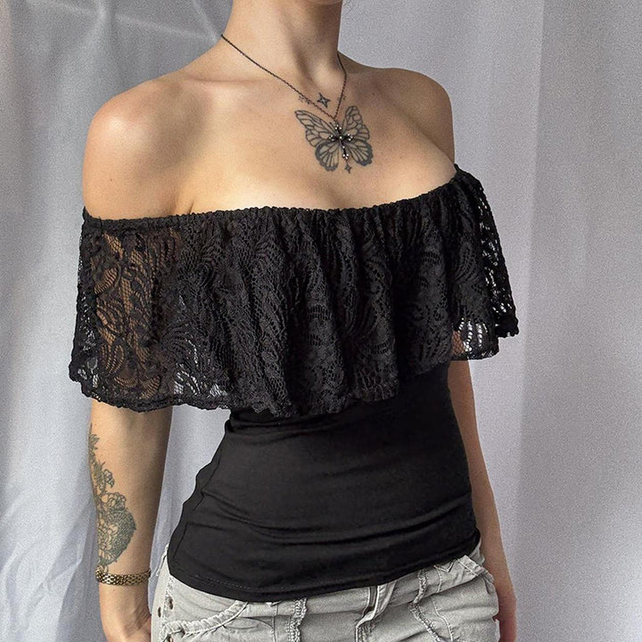 Damen Oberteil mit Spitzen-Overlay und schulterfreiem Design Drune