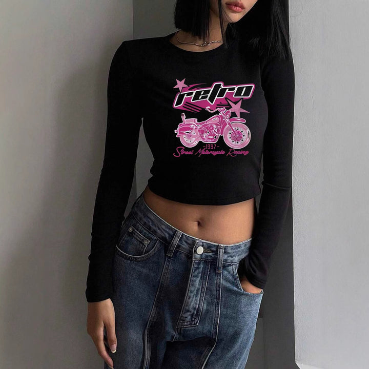 Damen nan figurbetontes langärmeliges Cropped-Shirt mit fotorealistischer Lippen-Collage und schmaler Passform Drune