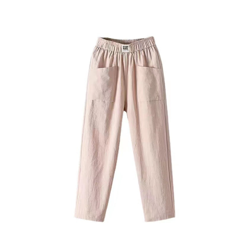 Damen nan lässige Leinenmix-Hose mit elastischem Bund, geradem Bein und großen aufgesetzten Taschen Drune