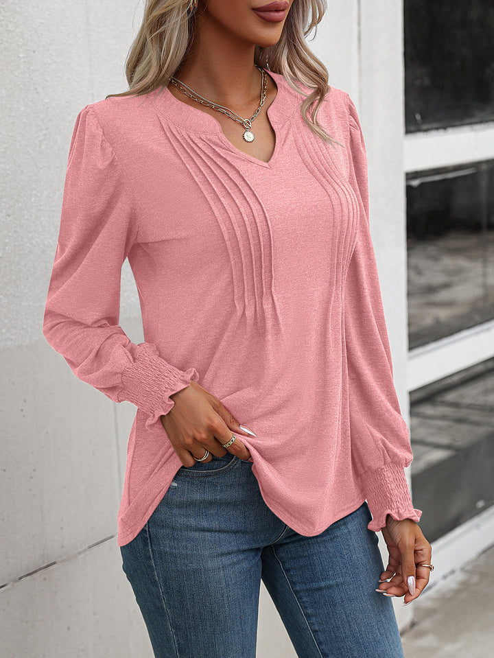 Damen nan Langarmshirt mit V-Ausschnitt, dekorativen Kellerfalten vorn und elastischen Smokbündchen Drune