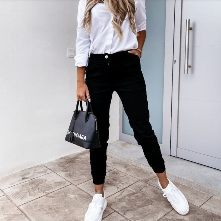 Drune | Verkürzter Schnitt Schmal und Tapered Stretch Elastischer Bund Taschen