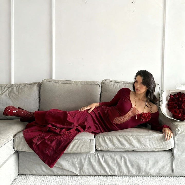 Damen figurbetontes Maxikleid mit Schnürung und floralem Detail Drune