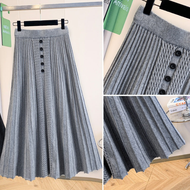 Damen Plissierter Maxirock mit Knopfdetails und feinem Wellenmuster Drune